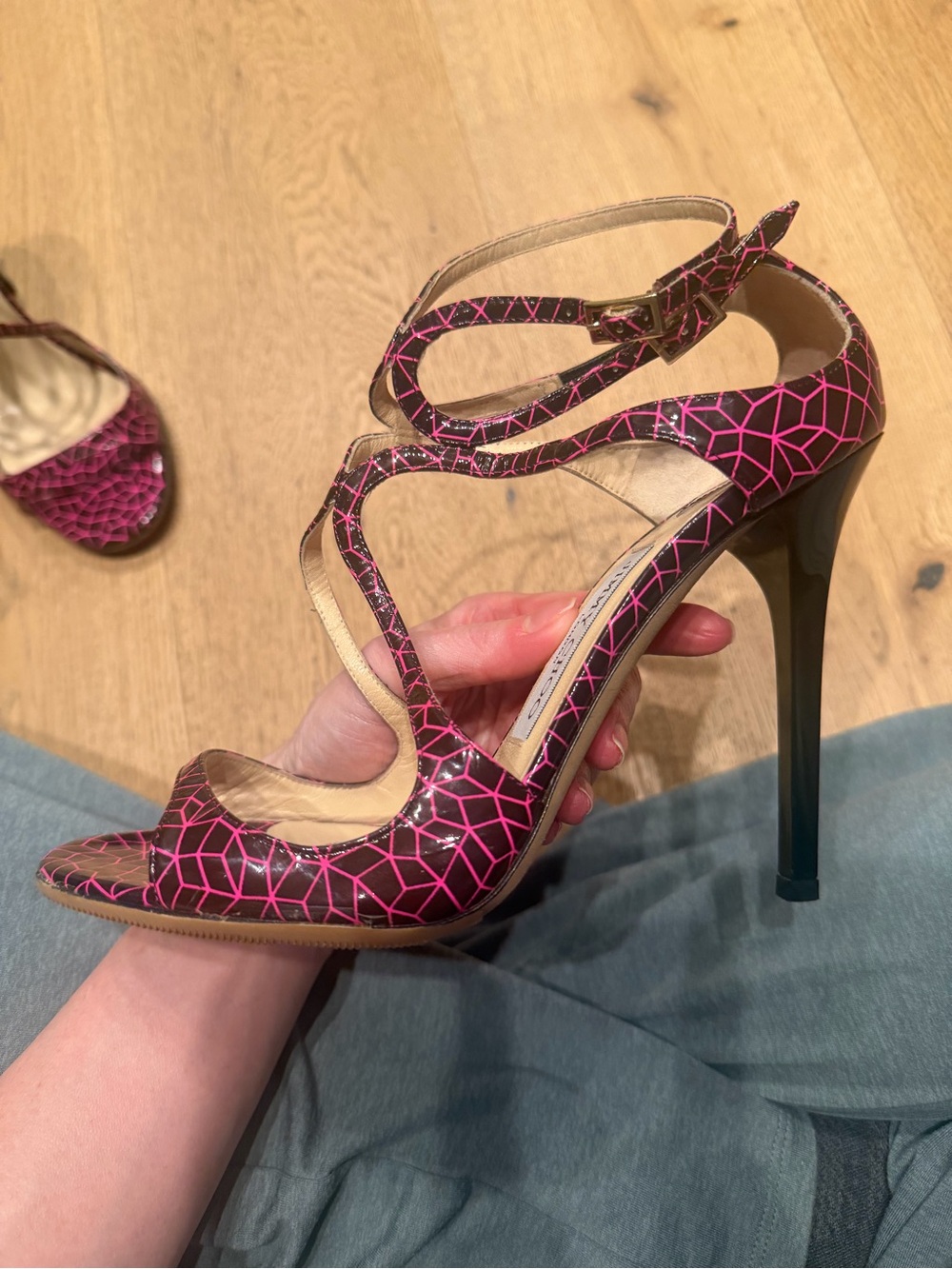 Jimmy Choo Black and Pink Geometric Strappy Stiletto Sandals - Picture 11 of 13